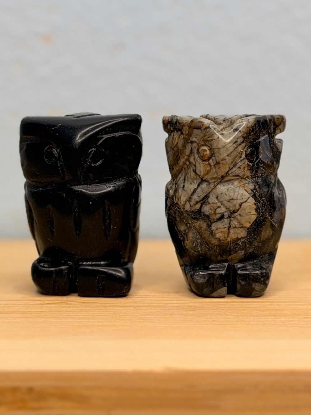 Carved Owl Stone Figurines — Black Onyx & Marbled Jasper